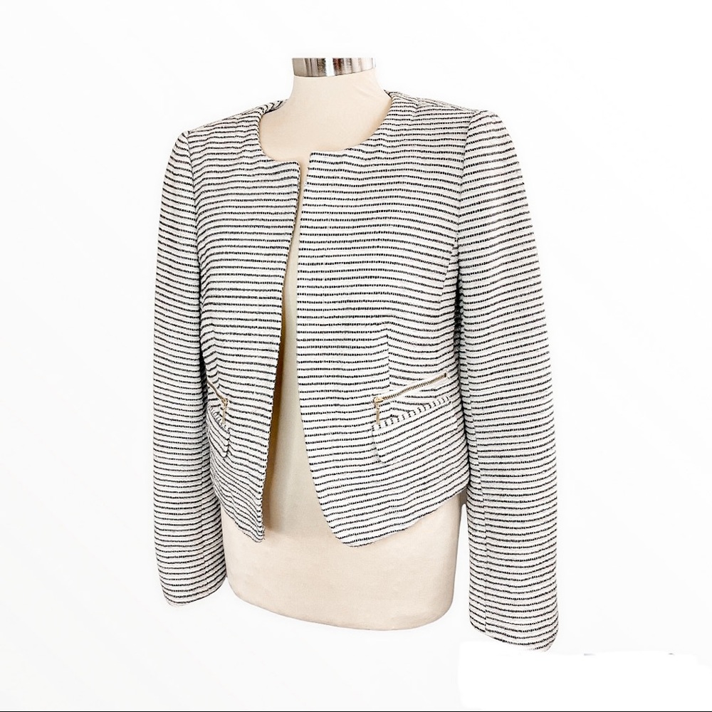 LOFT black ivory tan tweed striped crop boxy fit blazer suit jacket size 10